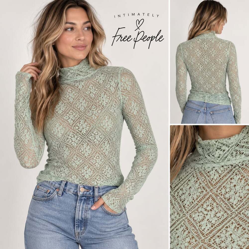 Free People Intimately Mint Green Lace Mock Neck Long Sleeve Top S Cottagecore